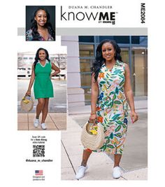 a woman in a green dress and white tennis shoes is standing on the sidewalk with her handbag