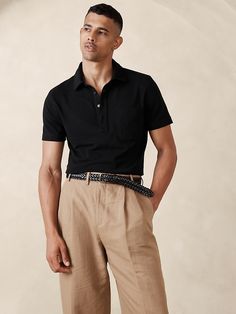 LUXURY-TOUCH PIQUE POLO | Banana Republic Men's Poses, Mens Banana Republic, Polo Outfit, Banana Republic Men, Knit Texture, Black Luxury, Mens Khakis, Pique Polo Shirt, Wedding Guest Dress Summer