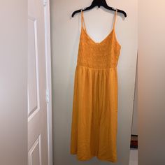 Preloved But Never Worn. Like New White Fable Mustard Yellow Or Golden Yellow 99% Rayon 1% Spandex Spaghetti Strap Sundress. Stretchy Bodice With Adjustable Straps. 19” Armpit To Armpit But Stretches To 22”, 46”In From Top To Bottom Hem. Size Xl Yellow Stretch V-neck Maxi Dress, Yellow Stretch Midi Dress For Beach, Yellow Stretch Maxi Dress With V-neck, Mustard Sleeveless Midi Dress For Brunch, Yellow Rayon Dress For Day Out, Sleeveless Mustard Midi Dress For Vacation, Yellow Stretch Sundress, Mustard Sleeveless Casual Sundress, Casual Mustard V-neck Midi Dress