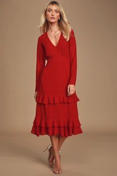 Red Cocktail Dresses for Women | Look Fab in a Little Red Dress Ruffled Midi Dress, Long Sleeve Bridesmaid Dress, Little Red Dress, Lulus Dresses, Red Cocktail Dress, Chiffon Midi Dress, Dress Chiffon, Midi Ruffle Dress, Ruffle Long Sleeve