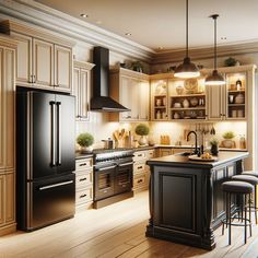 a kitchen with black appliances and white cabinets