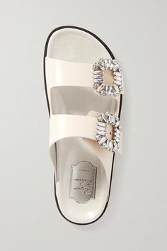 Cream Slidy Viv Swarovski crystal-embellished leather slides | Roger Vivier | NET-A-PORTER Luxury Rhinestone Mules For Summer, Luxury Rhinestone Summer Mules, Luxury Summer Mules With Rhinestones, Luxury Summer Rhinestone Mules, Designer Embellished Mules, Leather Mules With Rhinestones, Roger Vivier Shoes, Roger Vivier, Leather Slides