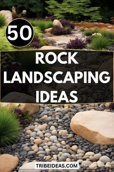 a rock garden with text overlay that reads 50 rock landscaping ideas