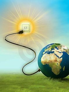 the earth is plugged in to an electric charger on top of a green field