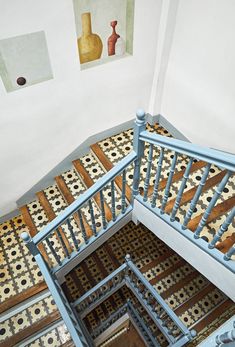 an overhead view of a stair case in a house