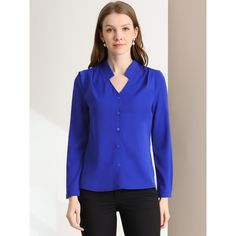 This shirt is elegant and charming for workwear or a day-to-night look, with a cut-out v-neck and unique shoulder details. No-see-through chiffon fabric and stylish v-neck make it a perfect choice for work, office, and daily wear. Pair this work office shirt with a pencil skirt, work pants, or casual jeans. The return of a classic, this button-up shirt is cut from in a chiffon sateen in an always flattering fit-and-flare silhouette. Model Body Size: Height: 5'9", Chest: 33 inches, Waist: 24 inch Stand Collar Blouse, Tie Neck Shirt, Pencil Skirt Work, Lace Shrug, Shirt Collar Styles, Office Shirt, The Office Shirts, Tie Blouse, Elegant Shirt