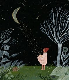 a painting of a girl looking at the stars in the night sky with trees and rocks