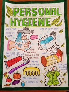 a poster with the words personal hygiene written in green and white on it, surrounded by hand drawn items