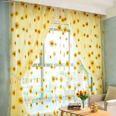 PRICES MAY VARY. Package Included - 2 panels sunflower sheer curtains and 2 curtain tiebacks Rope, each window curtain measures 39.4"wide x 78.7”length (100 x 200 cm). Suitable for rods with diameter less than 1.8inch. Material - made of high quality polyester fiber material, sheer but thick enough, allowing natural light in while provide some privacy, they are very beautiful and quality are great. These are the ideal option between light-blocking curtains and traditional sheers curtains. Sunflo Sunflower Curtains, Sunflower Room, Sunflower Nursery, Screen Window, Flower Bedroom, Yellow Room, Tulle Curtains, Drape Panel, Teardrop Trailer