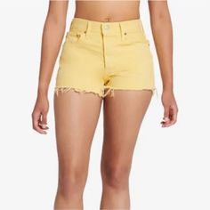 Levi’s Women’s High Rise Denim Jean Cutoff Shorts Brand New With Tags Women's Size Brand: Levi Strauss & Co Color: Yellow 501 High Rise Denim Cutoff Jean Shorts Measurements: (Waist X Rise X Inseam) 25 - 14" X 11" X 2" 26 - 13.5" X 11" X 2" 27 - 14.5" X 11" X 2" 28 - 15" X 11" X 2" 29 - 15.5" X 11" X 2" 30 - 16" X 11.5" X 2" 32 - 16.5" X 12" X 2" 33 - 17" 12" X 2" Yellow Jean Shorts, Levi's Summer Jeans With Pockets, Trendy High Waist Yellow Jean Shorts, Yellow Relaxed Fit Jeans For Summer, Levi's Cutoff Cotton Shorts, Levi's Cotton Cutoff Shorts, Levi's Cutoff Shorts For Summer, Levi's Summer Jean Shorts, Casual Yellow Bottoms With Frayed Hem