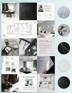 an open magazine with black and white pictures on it's pages, including the interior design