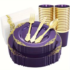 purple plates with gold rims and forks on them