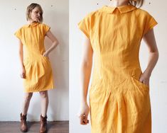 "Free shipping worldwide! Please press \"Learn more about this item\" to read full description and measurements below ↓. Pure sunshine in form of a dress - dark yellow linen or blend (no tag but feels like it) dress with cute straight cut Peter Pan collar, batwing top, fitted waist with a few pleats in front, spacious pockets on sides, closes with zipper at the back. Unlined. Seems to be custom made. Brand: not stated, could be custom made Material: appears to be linen or blend Size: estimated M Fitted Yellow Linen Dress, Yellow Fitted Linen Dress, Yellow Linen Short Sleeve Dress For Summer, Vintage Knee-length Linen Dress For Spring, Summer Yellow Linen Dress, Vintage A-line Linen Summer Dress, Vintage Fitted Linen Knee-length Dress, Fitted Vintage Knee-length Linen Dress, Vintage Knee-length Fitted Linen Dress