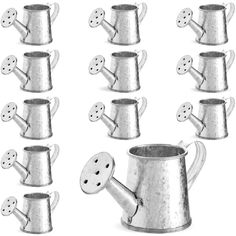 a set of six metal watering cans with holes in the middle and one has a handle