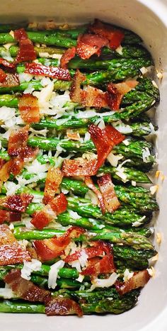 baked asparagus with cheese and bacon in a white casserole dish Baked Asparagus With Bacon, Roasted Asparagus With Bacon, Cheesy Baked Asparagus, Asparagus With Bacon, Oven Roasted Asparagus, Asparagus Bacon