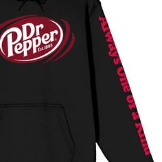 Stay warm and stylish with this Dr. Pepper black hooded sweatshirt. Featuring the iconic soda's logo and eye-catching red letters on the left sleeve that read "Always One Of A Kind," this officially licensed sweatshirt is a must-have for any Dr. Pepper fan. The custom design sets it apart, while the adjustable hood adds versatility. Made with high-quality cotton and polyester materials, it offers both comfort and durability. Embrace your love for Dr. Pepper in this one-of-a-kind sweatshirt. Black Relaxed Fit Hoodie, Pre-shrunk, Pre-shrunk Black Hoodie For Fall, Black Pre-shrunk Hoodie For Fall, Pre-shrunk Black Hoodie Sweatshirt, Black Pre-shrunk Hoodie Sweatshirt, Black Pre-shrunk Casual Hoodie, Black Casual Pre-shrunk Hoodie, Black Pre-shrunk Hooded Top, Black Pre-shrunk Band Merch Hoodie