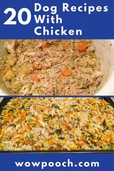 two pictures with the words 20 dog recipes with chicken in them and an image of a casserole dish