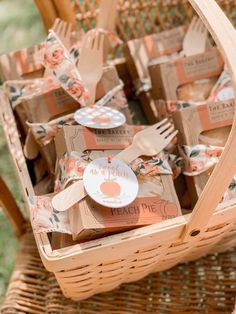 a basket filled with lots of food on top of a table