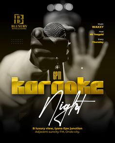 karaoke nights flyer with microphone and hand holding up the microphone in front of it