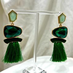 Nwotfashion Jewelry 18 Kt. Gold Plated Trimmed Green Color Acrylics, Tassel Earrings. Measures Around 3" Inches. Very Stunning And Amazingly Fashionable. Very Y2k Trending. Ven07 Spring Trendy Tassel Earrings, Green Earrings With Latkans For Party, Elegant Tassel Earrings For Spring, Elegant Summer Tassel Earrings For Party, Green Latkan Earrings For Party, Trendy Green Dangle Tassel Earrings, Green Tassel Earrings As Gift, Trendy Green Tassel Dangle Earrings, Green Tassel Earrings For Party