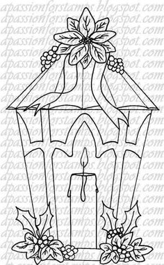 a christmas lantern with holly leaves and a candle on it, in black and white