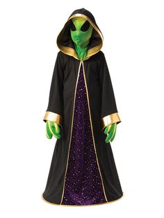 an alien in a black robe and purple dress with gold trims, standing on a white background