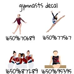 four different types of gymnastics uniforms with the names and numbers on them in black, red, white, and blue