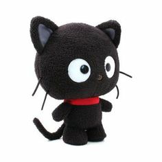 a black cat stuffed animal with a red ribbon around it's neck and eyes