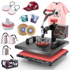 an image of a t - shirt printing machine with various items surrounding it and on the table