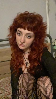 Ginger With Black Roots, Shag Mullet Wavy Hair Medium, Fiery Ginger Hair, Punk Hairstyles Long Hair, Short Curly Goth Hair, Dark Red Highlights In Brown Hair Curly, Red On Curly Hair, Long Puffy Hair, Shag Dyed Hair