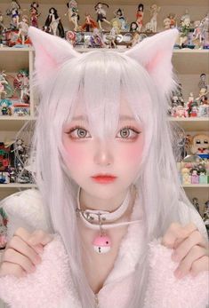 Mode Harajuku, Long White Hair, Anime Cosplay Makeup, Cat Cosplay, Anime Makeup, Kawaii Makeup, Cosplay Cute, Cosplay Kawaii, Kawaii Cosplay