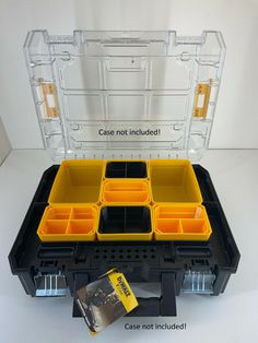 an open plastic tool box with six compartments