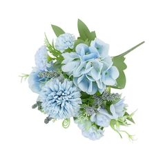 a bouquet of blue flowers on a white background