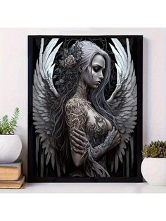 a woman with tattoos and wings on her body is shown in front of a white wall