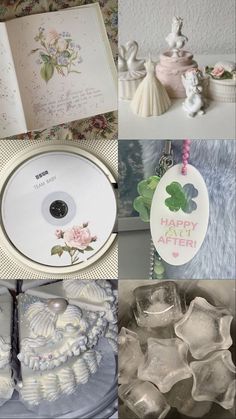 there are many different items that can be found in this collage, including cd cases and cakes