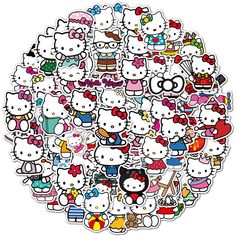 a large group of hello kitty stickers in the shape of a circle with many different characters