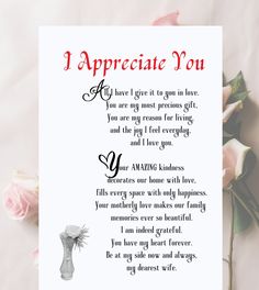 a greeting card with flowers and a poem written in the language of i appreciate you