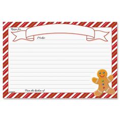 a recipe card with a gingerbread cookie on it and a ribbon around the corner