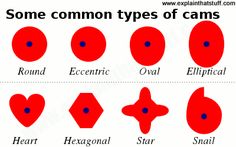 some common types of cams in different colors and sizes, including red, blue, green