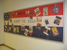 A new election/vote bulletin board I created for the library. Library bulletin board. Patriotic Library Displays, High School History Bulletin Boards, Bookmobile Ideas, Library Thanksgiving, Patriotic Classroom, History Bulletin Boards, Door Decorating Ideas