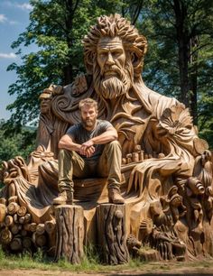 a man sitting on top of a wooden bench in front of a carved lion statue