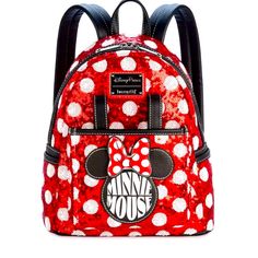 Disney Parks Loungefly Minnie Mouse Sequin Polka Dot Mini Backpack Red - New Red Disney Bag With Zipper Closure, Red Minnie Mouse Backpack For Disney Trips, Red Disney Minnie Mouse Backpack, Red Disney Style Backpack For Disney Trips, Disney Red Minnie Mouse Backpack, Disney Minnie Mouse Red Backpack, Red Mickey Mouse Backpack For Everyday Use, Red Mickey Mouse Backpack, Red Minnie Mouse Travel Bag