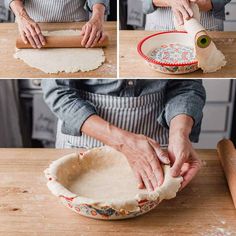 the process of making an uncooked pie crust is shown in three different stages