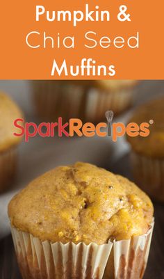 pumpkin and chia seed muffins with text overlay