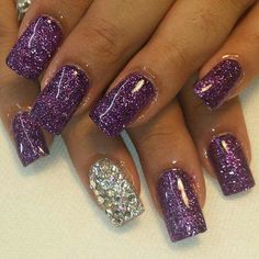 70 Stunning Glitter Nail Designs 2017 Purple Nails With Glitter TNFT Purple glitter nails Sliver Nails, Purple Glitter Nails, Glitter Nails Acrylic, Purple Nail Art, Golden Nails, Glitter Manicure, Square Nail Designs, Purple Nail Designs, Glitter Gel Nails