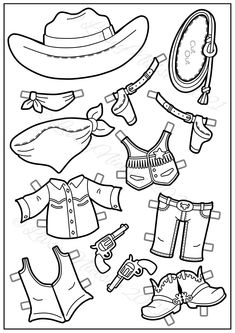 a coloring page with clothes and accessories for children to color in, including cowboy hats, boots