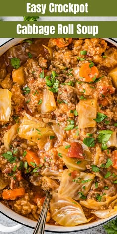 an easy crockpot cabbage roll soup recipe in a white bowl