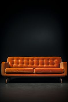 an orange couch sitting on top of a wooden floor next to a black wall in a dark room