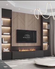 modern living room with fireplace and built in bookshelves