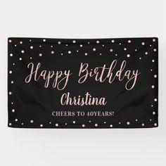 a black and pink happy birthday banner with gold confetti on the bottom, says'happy birthday christmas cheers to four years '